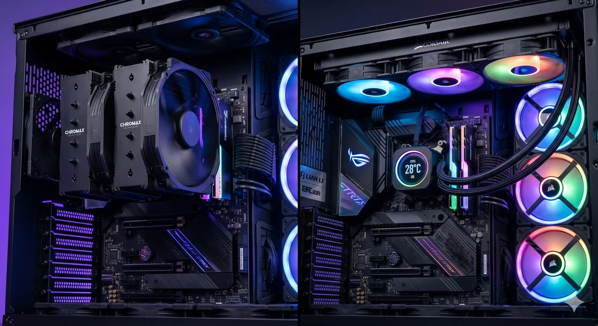 Lado a lado de um Air Cooler robusto e um Water Cooler com iluminação RGB dentro de um gabinete gamer de alta performance.