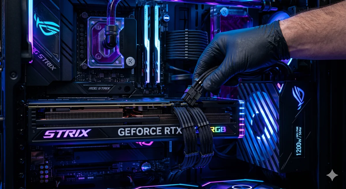 Mão instalando uma placa de vídeo robusta em um PC gamer, com foco nos cabos de alimentação da fonte de energia.