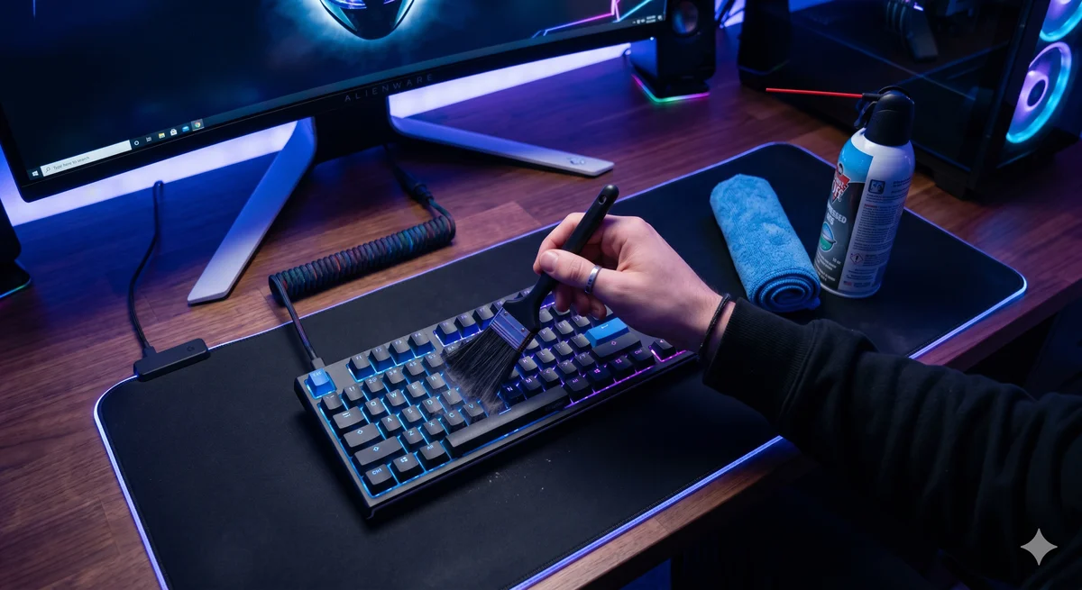 Visão aérea de um setup gamer sendo limpo com pincel antiestático e pano de microfibra, com foco no teclado mecânico.