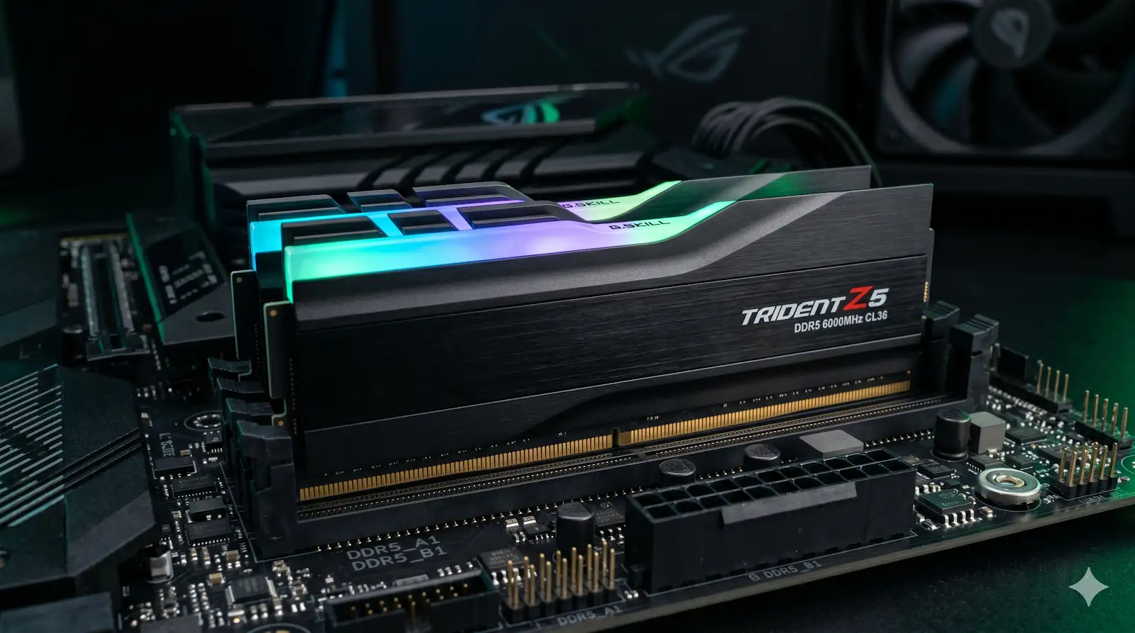 Dois módulos modernos de memória RAM posicionados lado a lado sobre os circuitos detalhados de uma placa-mãe gamer de alta performance.