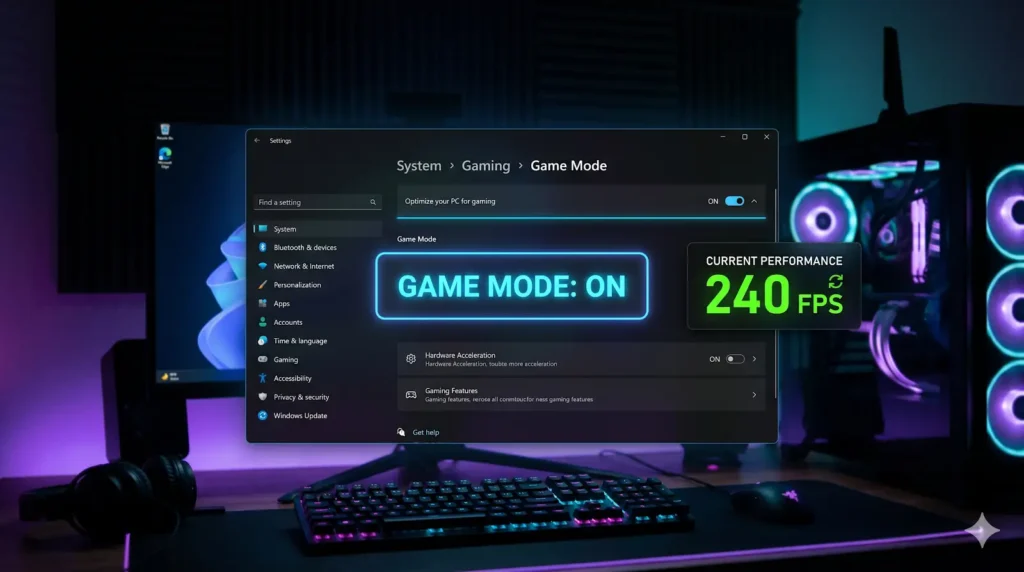Interface do Windows 11 com o Modo de Jogo ativado e um medidor de FPS em destaque, indicando alta performance.