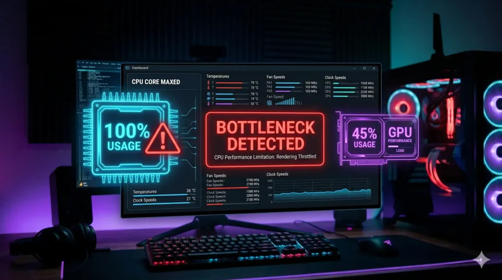 Gráfico de monitoramento de hardware mostrando CPU em 100% e GPU em 40%, ilustrando um cenário clássico de gargalo de processador.
