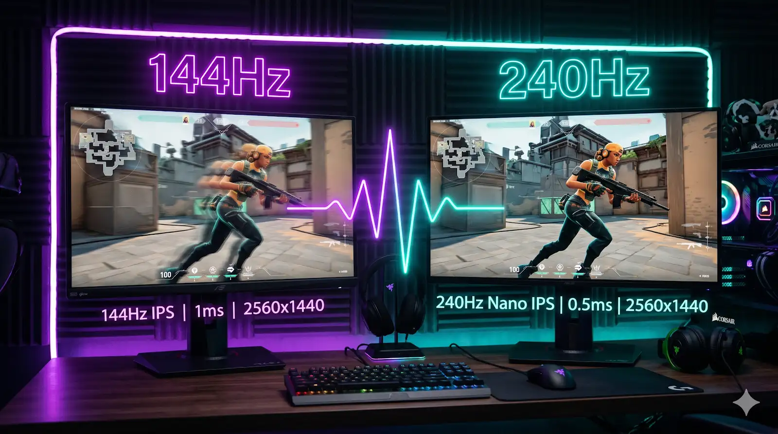 Comparativo visual entre 144Hz e 240Hz mostrando a fluidez de movimento em um jogo de FPS competitivo.