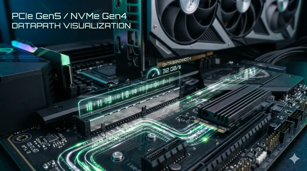Destaque detalhado do slot PCI Express de uma placa-mãe moderna com linhas de dados brilhantes simulando a alta velocidade de transferência.