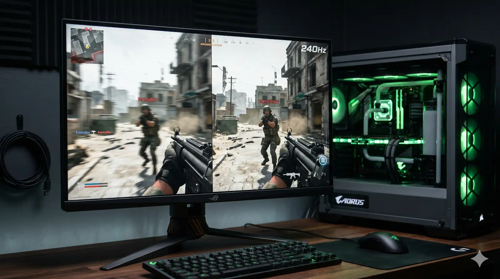 Monitor de alta performance exibindo uma cena de jogo de tiro em primeira pessoa dividida ao meio, demonstrando a diferença de nitidez em movimento.